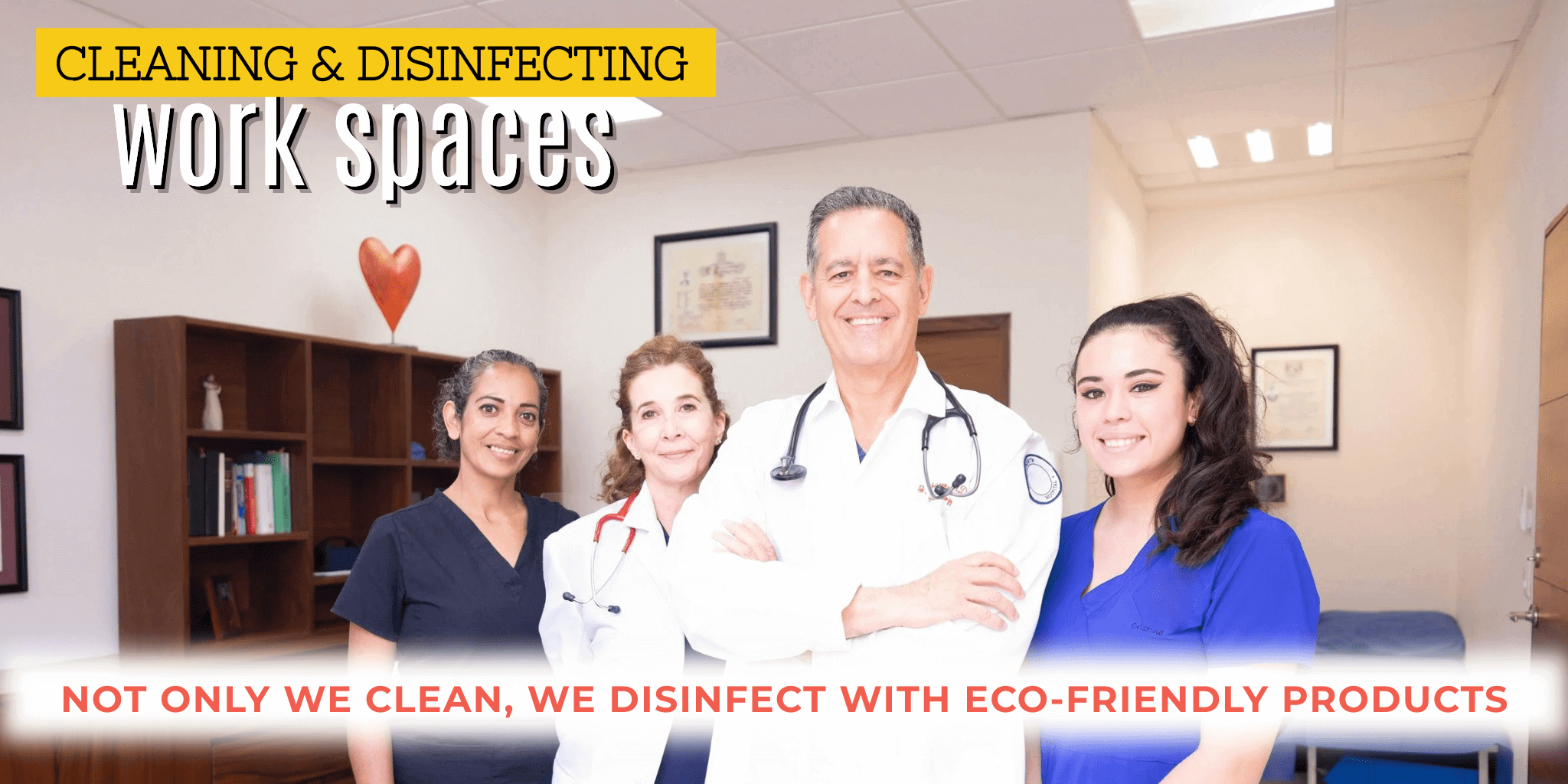 Medical team promoting disinfecting spaces with eco-friendly methods.