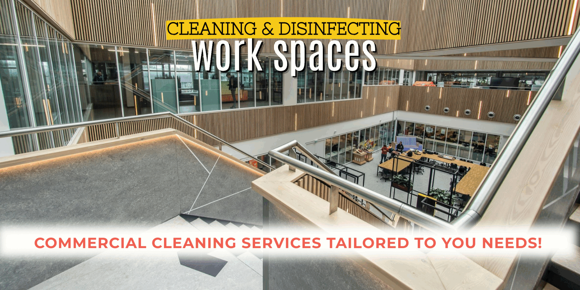 IMAGE OF AN OFFICE BUILDING "OUR COMMERCIAL & JANITORIAL CLEANING SERVICES ARE TAILORED TO YOUR SPECIFIC NEEDS!"
