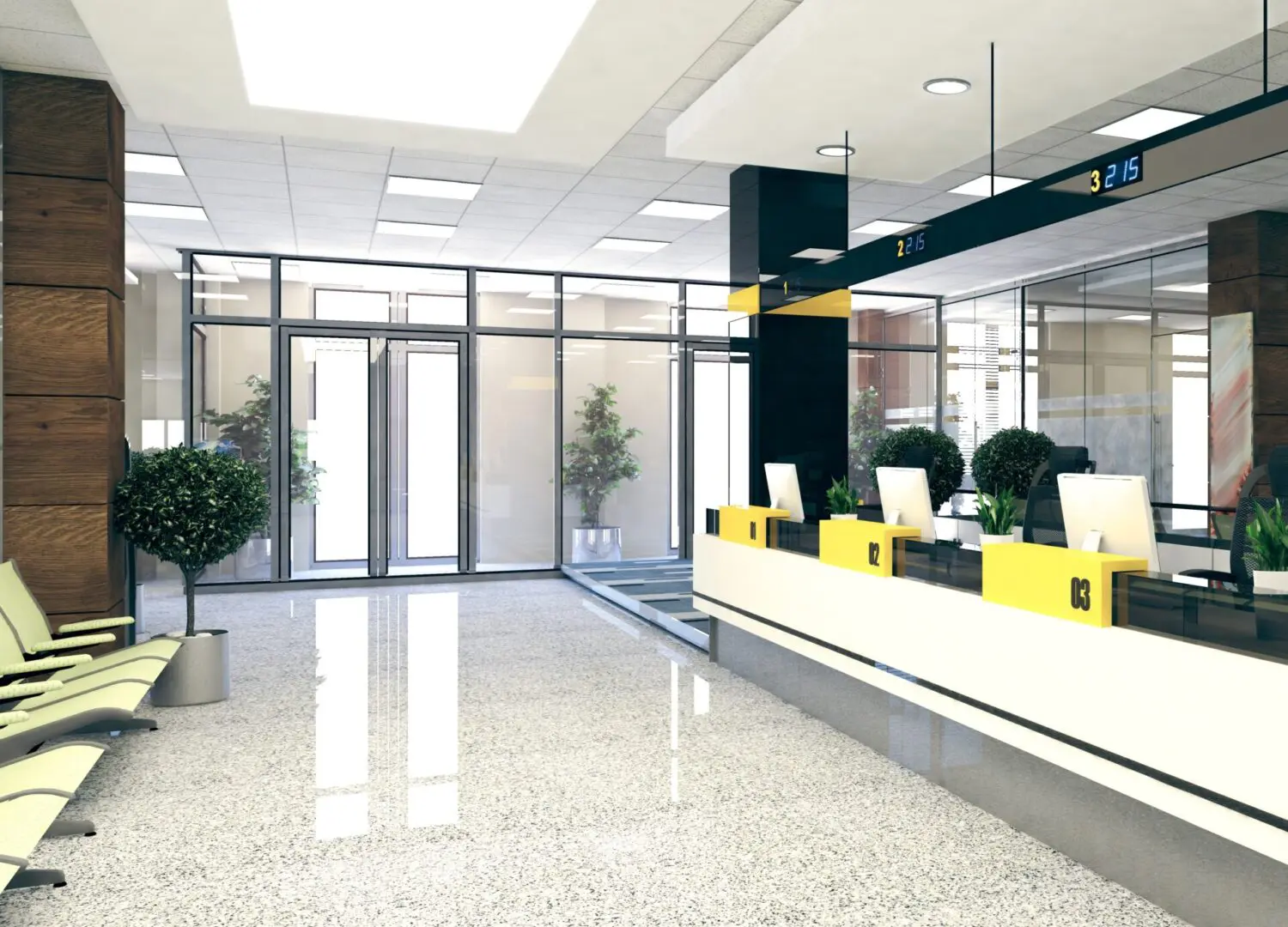 We specialize in cleaning financial institutions. Image of a bank with large spaces and windows.
