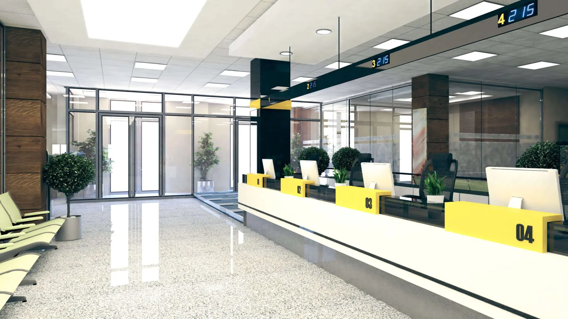 image of a clean private bank - from floors to glass doors