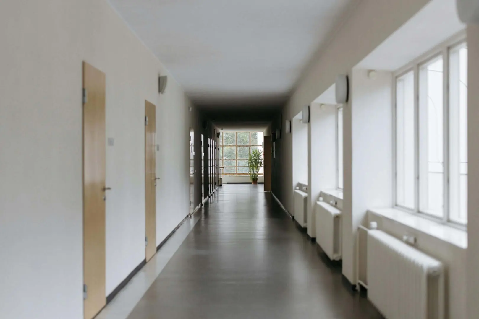 We clean Office Buildings. Image of long hallway with doors and windows.