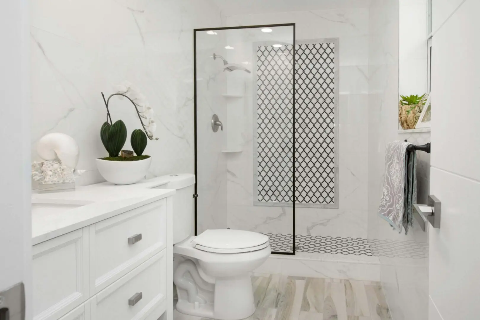 image of a clean bathroom - from shower to toilet and vanity