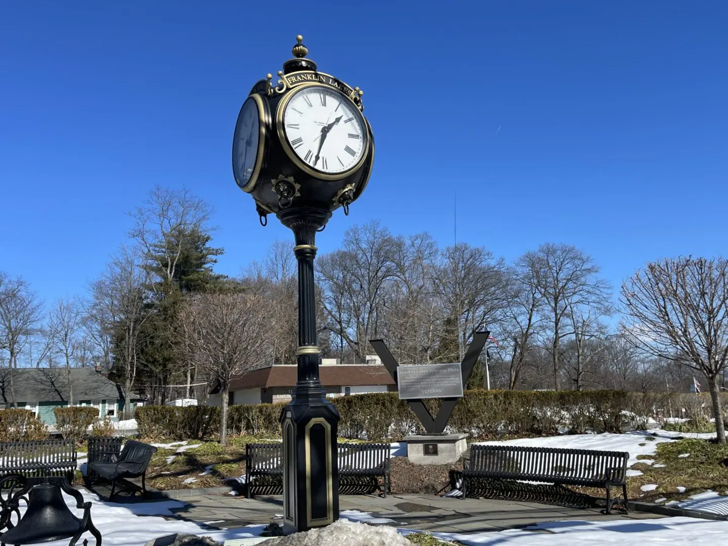 The Franklin Lakes Veterans Memorial, which features a clock and gazebo, is located at Veterans Plaza, 745 Franklin Ave, Franklin Lakes, New Jersey. This site serves as a central location for local ceremonies and the community farmers market. It is located near the intersection of Pulis Avenue and Franklin Avenue