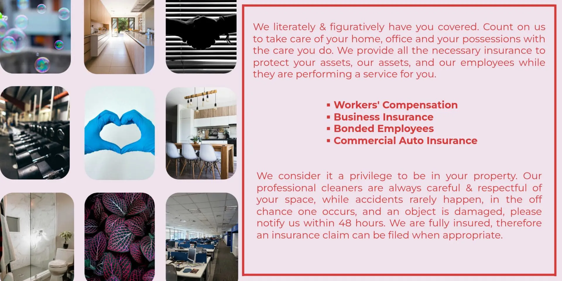 We literately & figuratively have you covered. Count on us to take care of your home, office and your possessions with the care you do. We provide all the necessary insurance to protect your assets, our assets, and our employees while they are performing a service for you.