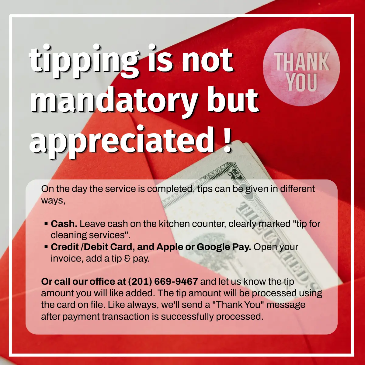 Sign explaining tipping is appreciated but not mandatory, with payment options listed.